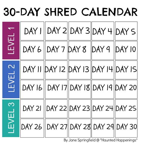 Calendar Template For Jillian Michaels 30 Day Shred To Keep Track