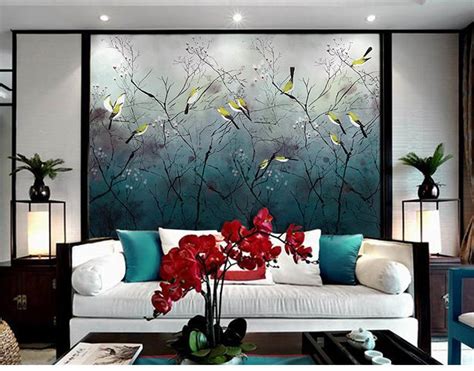Hand Painted Tree And Birds Chinoiserie Wallpaper Wall