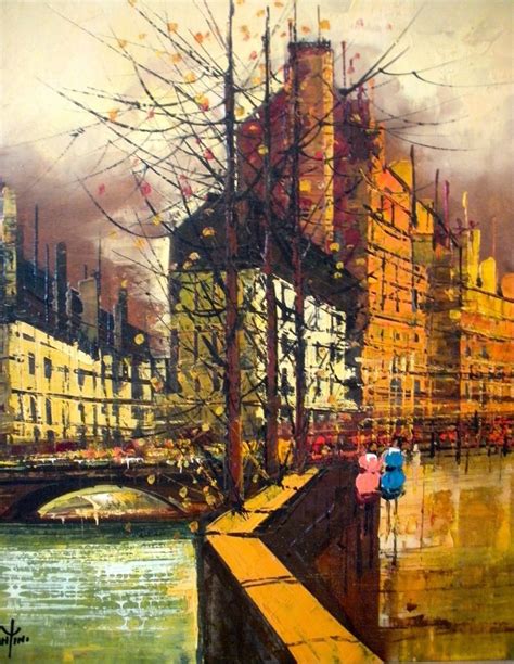 Mcm Mid Century Oil Painting The Seine Paris Cityscape With 2 Figures