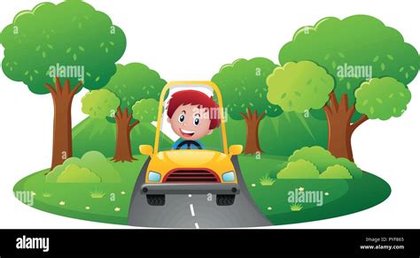 Boy Driving Yellow Car On The Road Illustration Stock Vector Image