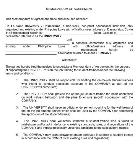 This is an agreement that is binding on both parties and is used as material to resolve any problems that might occur. Memorandum of Agreement Between Two Parties | Business ...