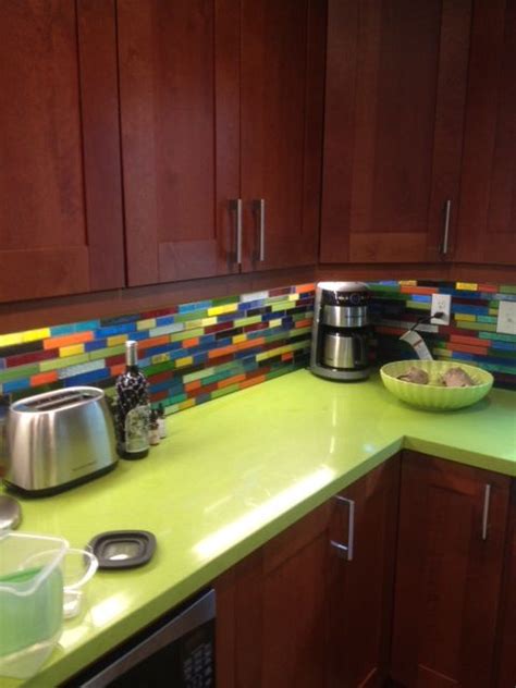 They come in virtually all colors and many other materials like. Bright lime green countertops and a gorgeous glass mosaic ...