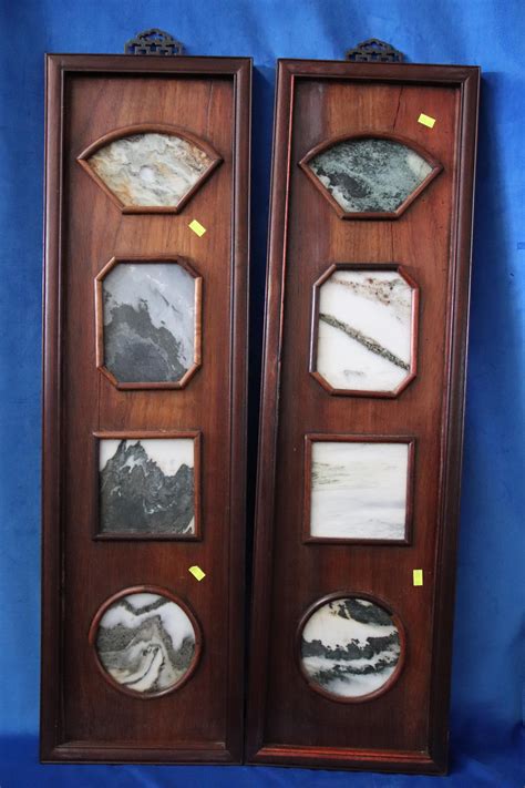 Lot Pair Of Antique Chinese Wall Plaques Rosewood Frame With Marble