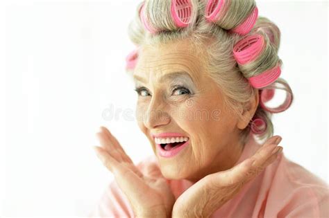 Senior Woman In Hair Rollers Stock Photo Image Of Happy Aged 75740778
