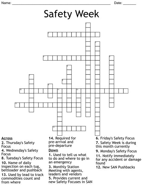 Safety Week Crossword Wordmint