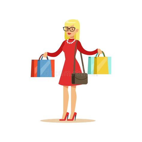 Woman With Many Paper Bags Shopping In Department Store Cartoon