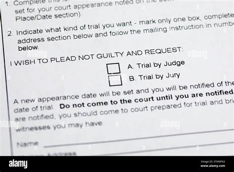 Traffic ticket with not guilty plea form. Traffic citation, fine and