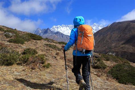 Woman Backpacker Trekking On Himalaya Mountains Stock Image Image Of
