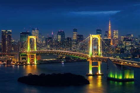 Tokyo Skyline With Rainbow Bridge And Tokyo Tower Tokyo Japan Stock
