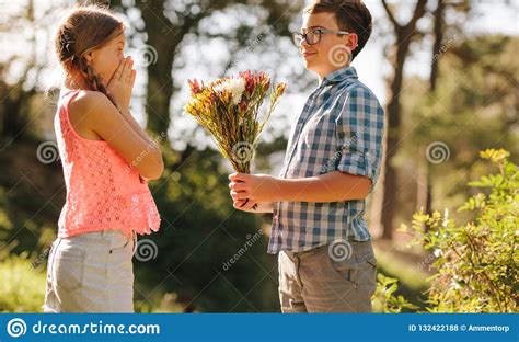 An engagement party is a couple's first chance to celebrate their decision to get married with their friends. Boy Proposing To His Girlfriend With Flowers Stock Photo - Image of proposal, excited: 132422188