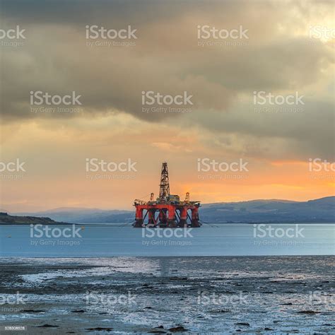 Semi Submersible Oil Rig At Cromarty Firth During Sunset Time Stock