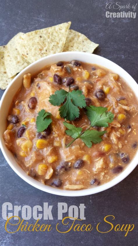 This is delicious served with cornbread and a salad. Crock pot Chicken Taco Soup Recipe - A Spark of Creativity