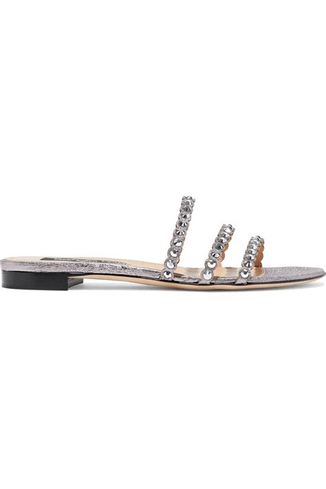 Sergio Rossi Crystal Embellished Metallic Cracked Leather Slides Sale Up To 70 Off The Outnet