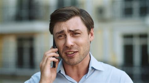 Portrait Serious Man Having Phone Talk At Street Close Up Of Angry