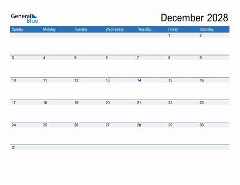 Editable Calendar Template For December 2028