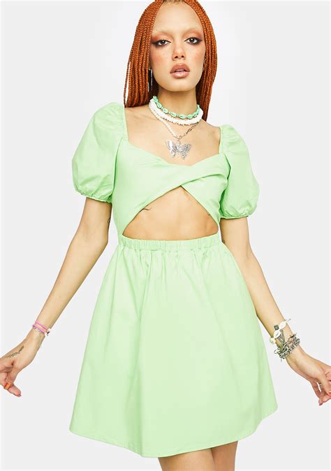 Puff Sleeve Cutout Babydoll Dress Green Dolls Kill