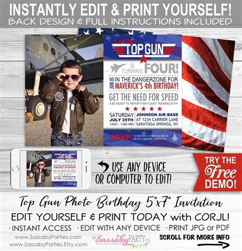 Top Gun Birthday Photo Invitation Instant Download Edit And Etsy