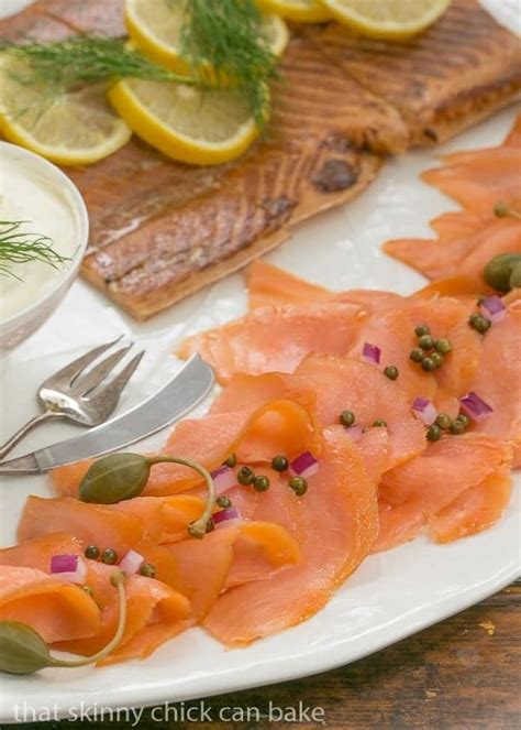 Start with a beautiful platter stacked high with buttery salmon, then add on your favorite appetizer platter, deli salad bowl, fruit assortment and dessert. Smoked Salmon Platter- That Skinny Chick Can Bake