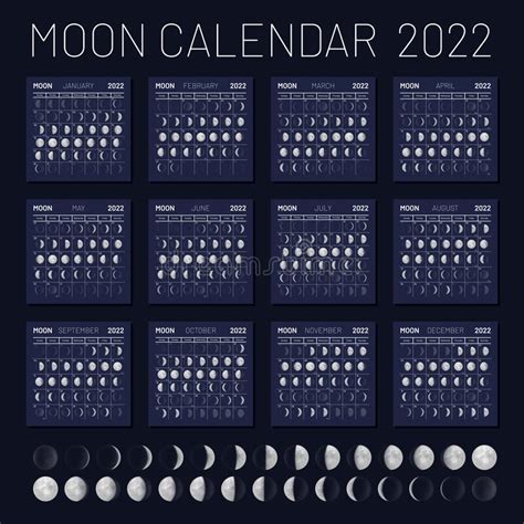2022 Year Moon Calendar Month Cycle Planner Design Stock Vector