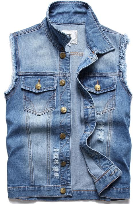 Casual Jacket With Holes Mens Denim Vest Cowboy Ripped Jean Waistcoat