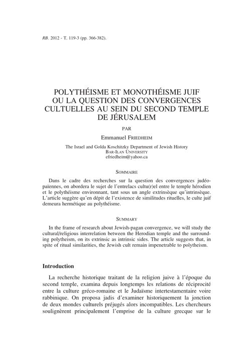 PDF POLYTHÉISME ET MONOTHÉISME JUIF OU LA QUESTION DES CONVERGENCES