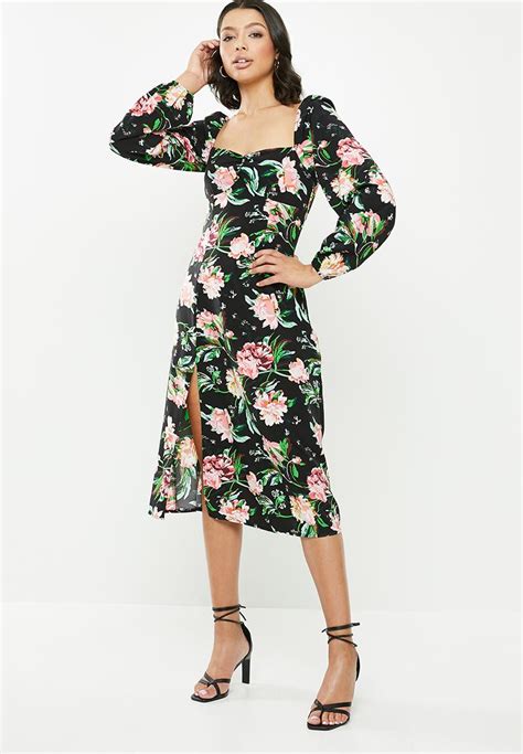 Milkmaid Ruched Puff Sleeve Dress Floral Black Missguided Formal