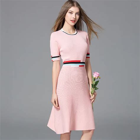 Office Dresses For Women 2018 Summer New Patchwork Short Sleeve Round Neck Casual Knee Length