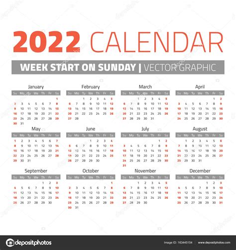 Simples 2022 Ano Calendário Stock Vector By ©123sasha 163445154