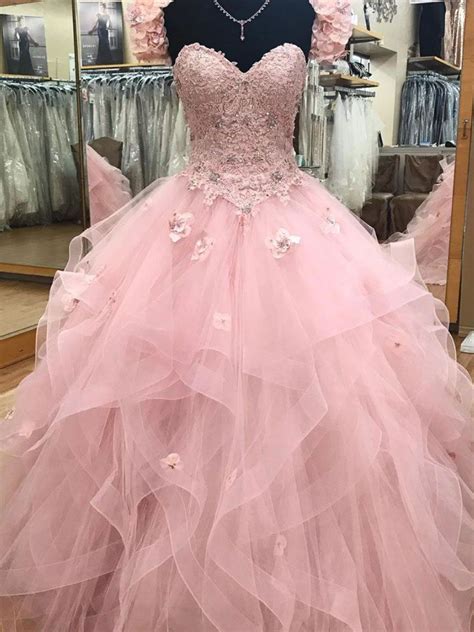 Pink Sweetheart Tulle Long Prom Gown Pink Sweet 16 Dress Quinceanera Dresses Pink Pink Sweet