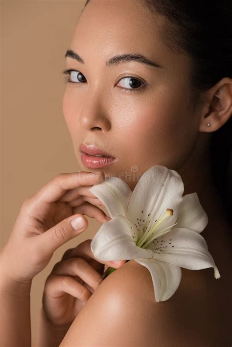 Beautiful Naked Asian Girl Holding White Stock Image Image Of Brunette Gentle