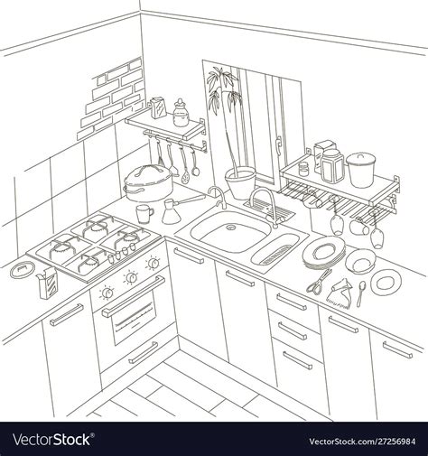 Kitchen Anime Background Style Line Drawing Art Vector Image