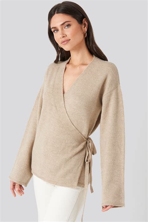 Overlap Wide Sleeve Knitted Sweater Beige Na Kd