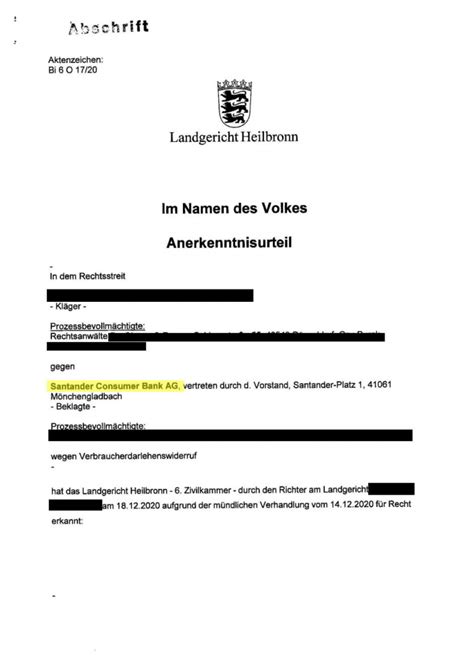 Schreibe deine eigene bewertung über santander consumer bank ag. Landgericht Heilbronn: Santander Bank erkennt ...