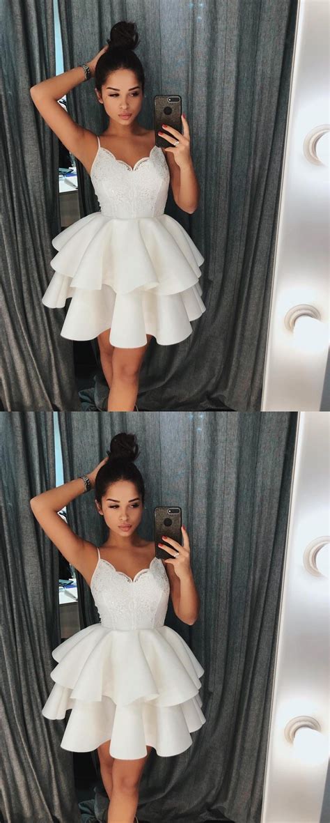 Cute White Spaghetti Straps Homecoming Dress With Lace Topruffles Short Prom Dress Prom
