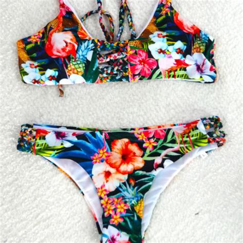 Womens Sexy Triangle Print Floral Cross Bandage Bathing Beachwear