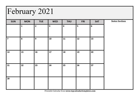 Monthly calendars and planners for every day, week, month and year with fields for entries and notes Free February 2021 Printable Calendar Templates