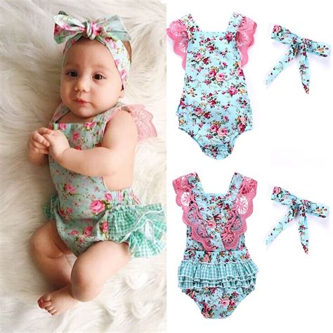 Puseky Baby Girls Summer Floral Romperheadband 2pcs Summer Lace Romper