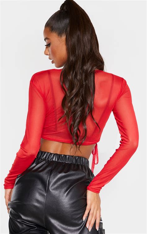 Red Sheer Ruched Tie Long Sleeve Crop Top Prettylittlething Usa
