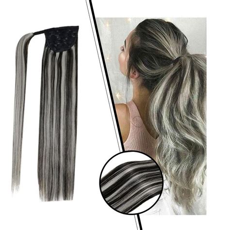 Hair Ponytail Silky Straight Black Root Silver Hair Wrap Around P1b