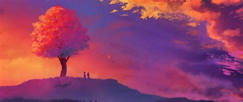 2560x1080 Kite Colorful Painting Sunset Tree 2560x1080
