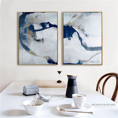 Framed Wall Art Set Of 2 Prints Abstract Navy Blue White Print Painting