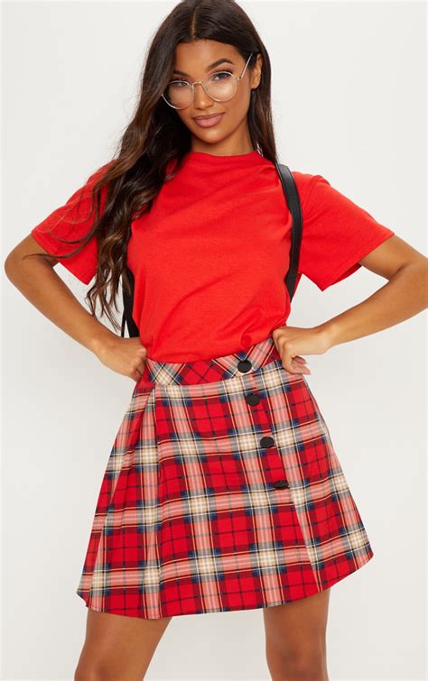 Red Tartan Pleated Button Mini Skirt Skirts Prettylittlething