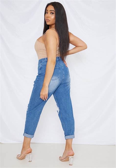 Blue Roll Hem Ripped Mom Jeans Missguided