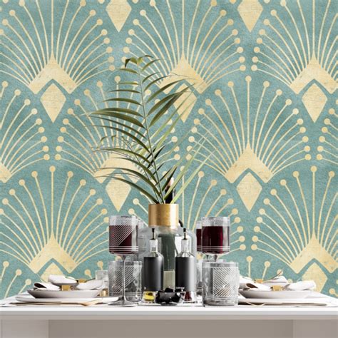 Teal Art Deco Wallpaper Peel And Stick The Wallberry