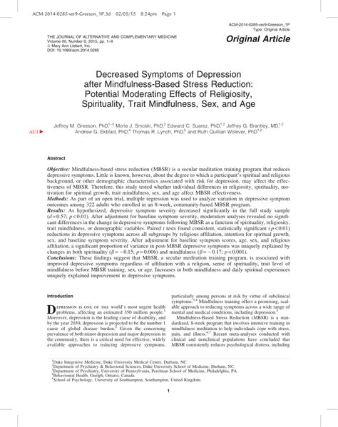 pdf decreased symptoms of depression after mindfulness based stress reduction potential