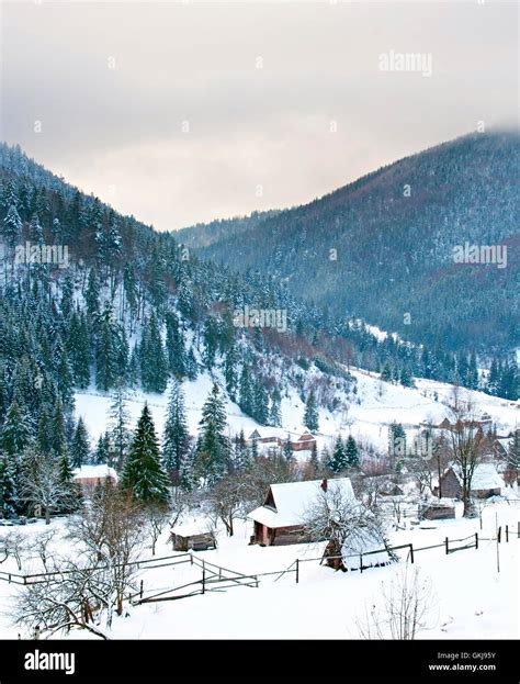 Carpathians Village In The Mountains Covered By Snow Ukraine Stock