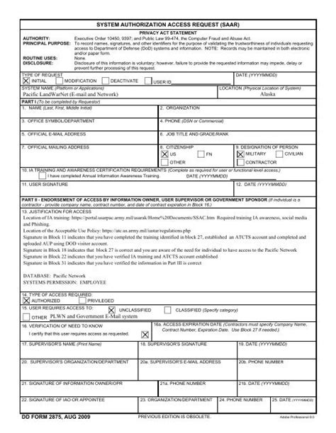 Dd Form 2875 System Authorization Access Request August 2009
