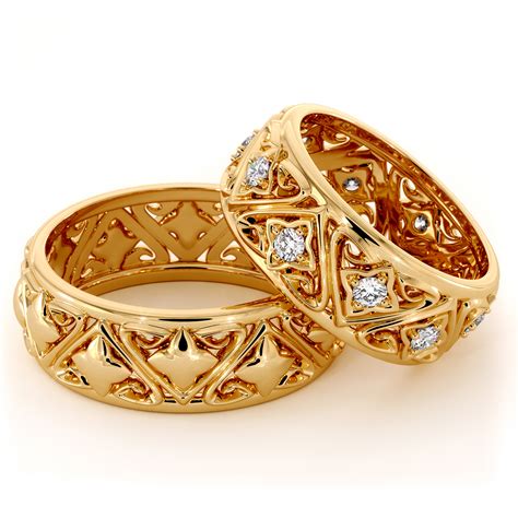 14k-gold-wedding-bands,-his-and-hers-couples-rings-set,-unique-mens-and