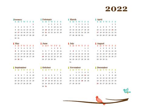 2022 Blank Yearly Calendar Bird Template Free Printable Templates