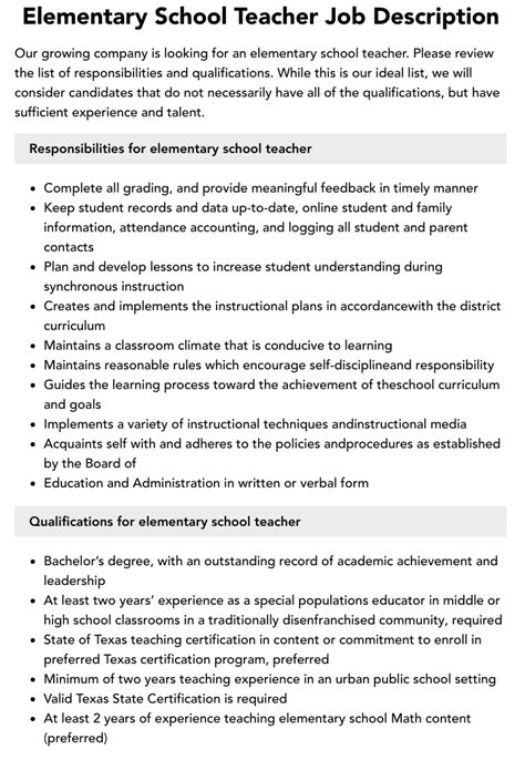 Elementary School Teacher Job Description Velvet Jobs